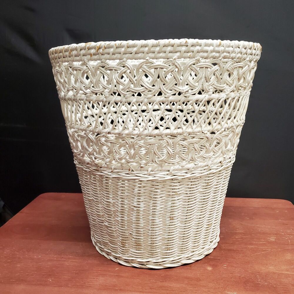 Vtg Wicker Cottagecore Basket WHITE Woven Shabby Chic Wastebasket Beach